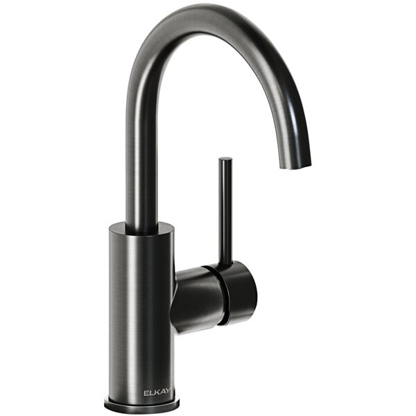 An Elkay black deck-mount bar faucet with a curved spout.