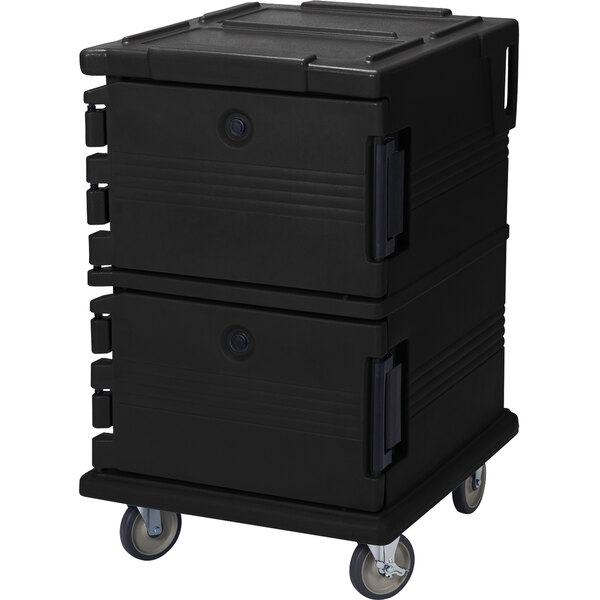 A black Cambro insulated food pan carrier on wheels.