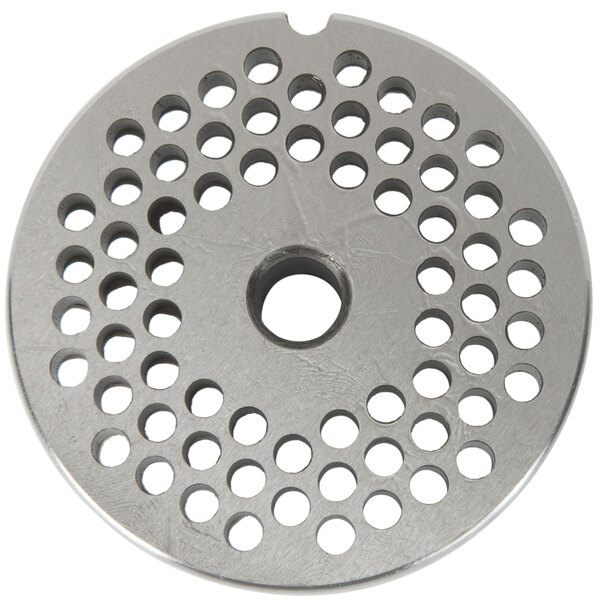 A Globe chopper plate for a meat grinder with a circular metal design and holes in it.