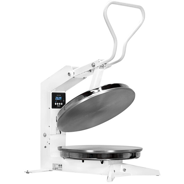 A white and black Proluxe Flex X2 pizza dough press with a round lid.