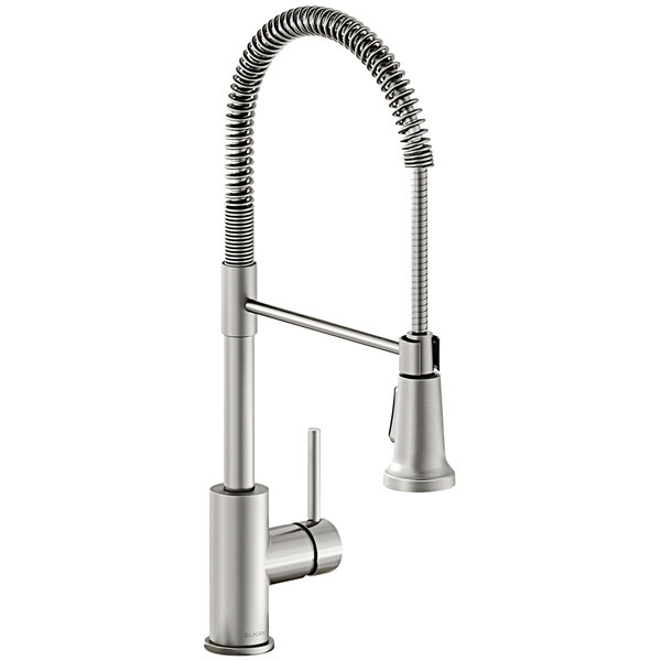 An Elkay lustrous steel deck-mount kitchen faucet with a curved spout and forward lever handle.
