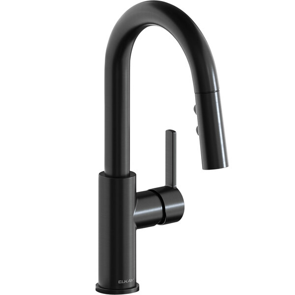 An Elkay black deck-mount bar faucet with a single lever handle.