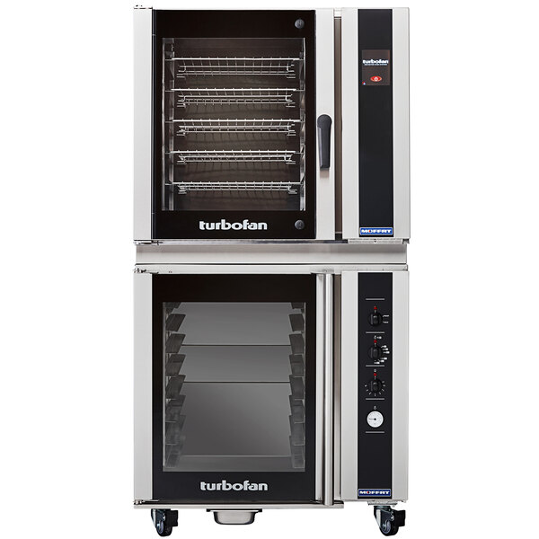 A large black Moffat Turbofan electric convection oven with the door open.