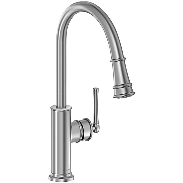 An Elkay deck-mount kitchen faucet with a silver finish and pull-down spout.