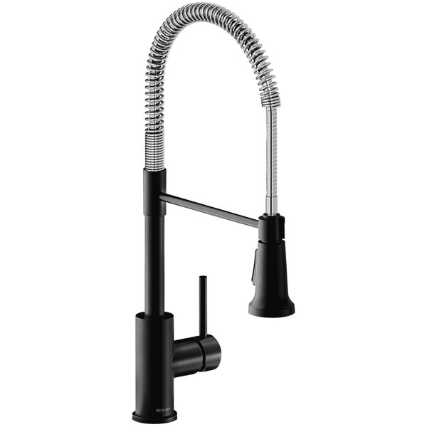 An Elkay Avado deck-mount kitchen faucet with a matte black finish and a chrome forward lever handle.