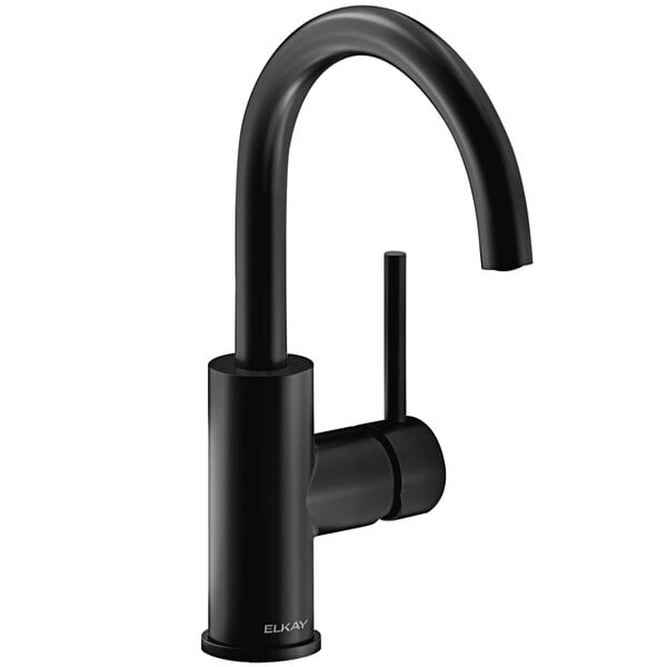 An Elkay matte black deck-mount bar faucet with a curved spout and lever handle.
