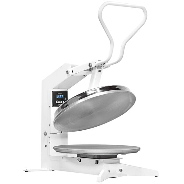A white and silver Proluxe Flex X1 manual pizza dough press with a round lid.