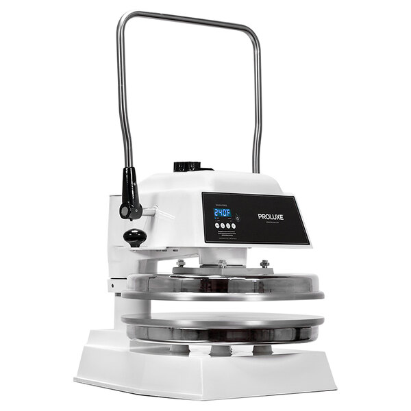 A white and black Proluxe Endurance X2 dual-heat heavy duty pizza and tortilla press.