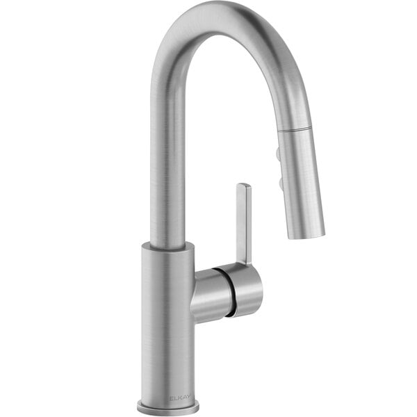An Elkay Avado deck-mount bar faucet with a stainless steel finish and lever handle.
