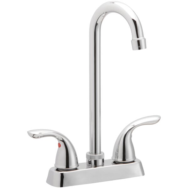 An Elkay chrome deck-mount bar faucet with two lever handles.