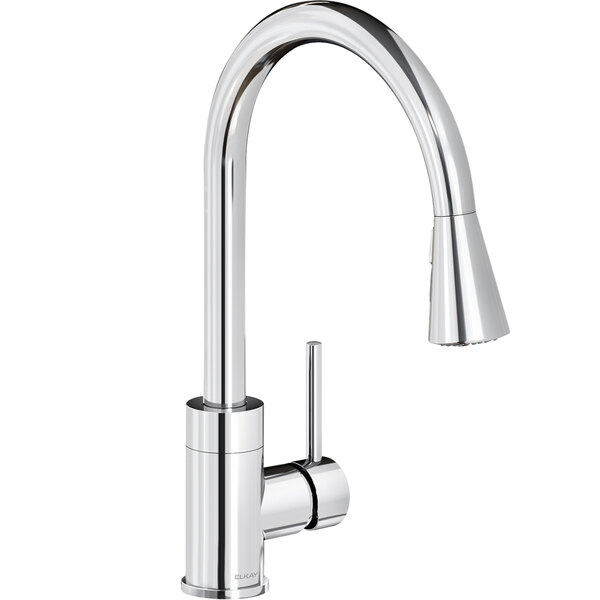 An Elkay Avado chrome deck-mount kitchen faucet with forward lever handle.