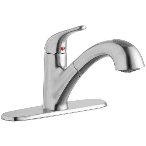 An Elkay lustrous steel kitchen faucet with a close up of a silver faucet and red button.