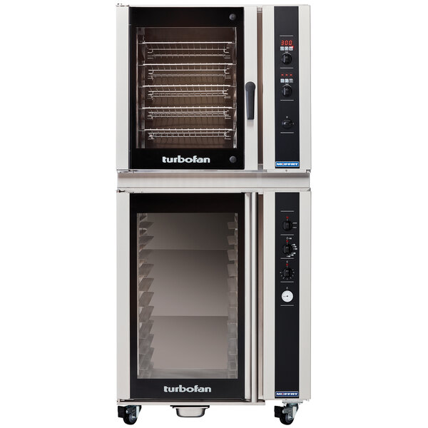A white Moffat Turbofan convection oven with two doors open.