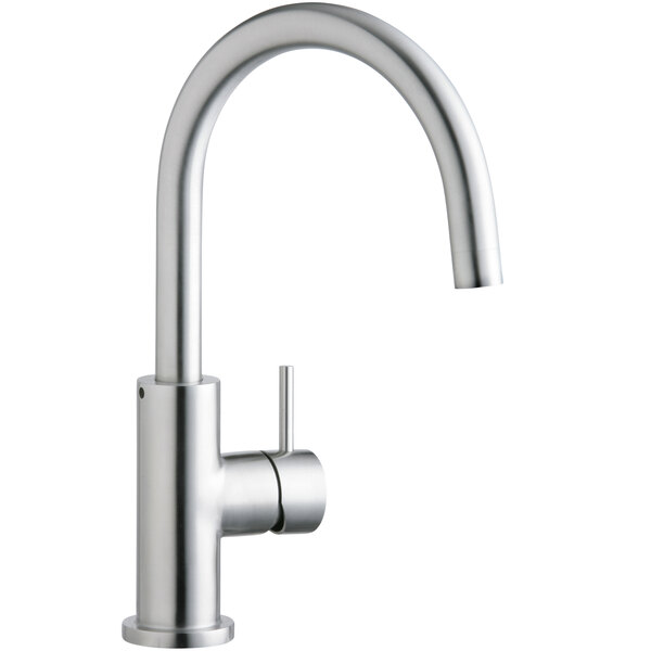 An Elkay satin stainless steel kitchen faucet with a spout and forward lever handle.