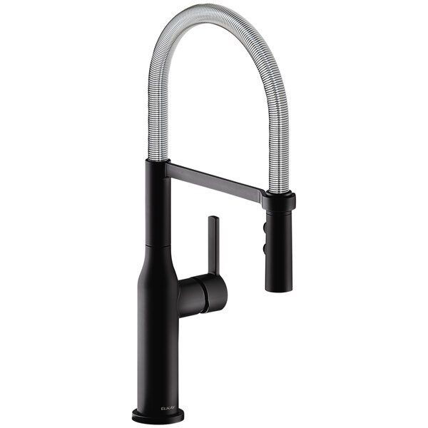 An Elkay Avado deck-mount kitchen faucet with a matte black and chrome finish and a curved semi-professional spout and lever handle.