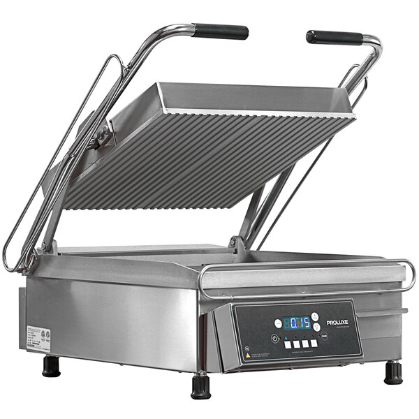 A Proluxe Vantage Panini Grill on a counter with grooved plates.