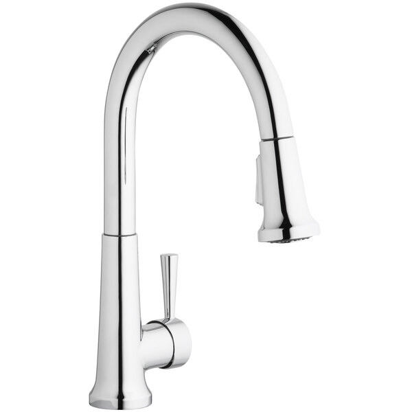 An Elkay chrome deck-mount kitchen faucet with a spout and forward lever handle.
