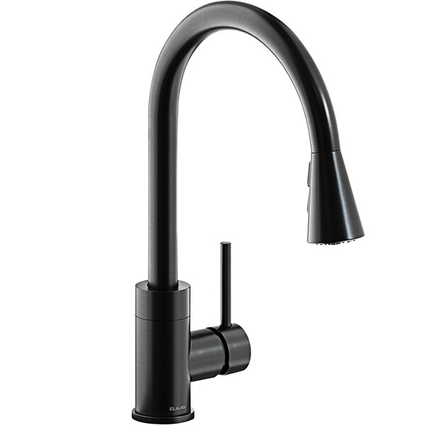 An Elkay black deck-mount kitchen faucet with a forward lever handle.