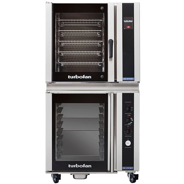 A large black Moffat convection oven with a door open.