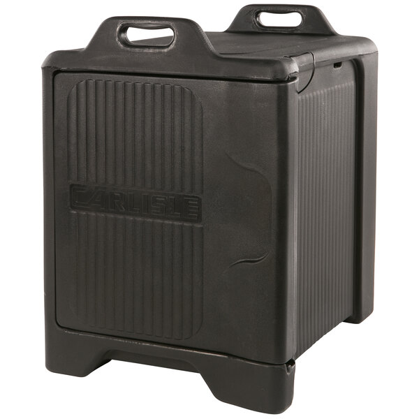A black plastic container with handles and a sliding lid.