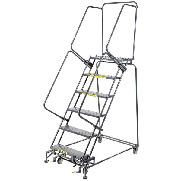 A Ballymore gray steel rolling ladder with handrails and wheels.