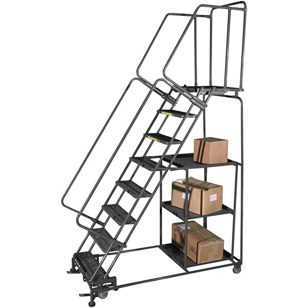 A gray Ballymore steel rolling ladder with shelves holding cardboard boxes.
