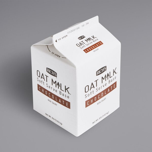 A white carton of Rich's Plant-Based Chocolate Oat Milk Soft Serve Base.