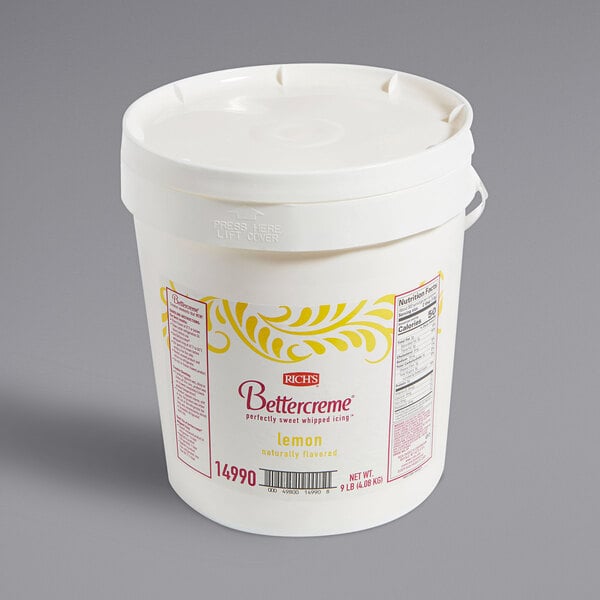 A white Rich's Bettercreme pail with a lid and yellow and white text.