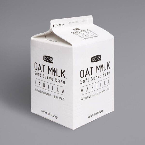 A white carton of Rich's Plant-Based Vanilla Oat Milk Soft Serve Base.