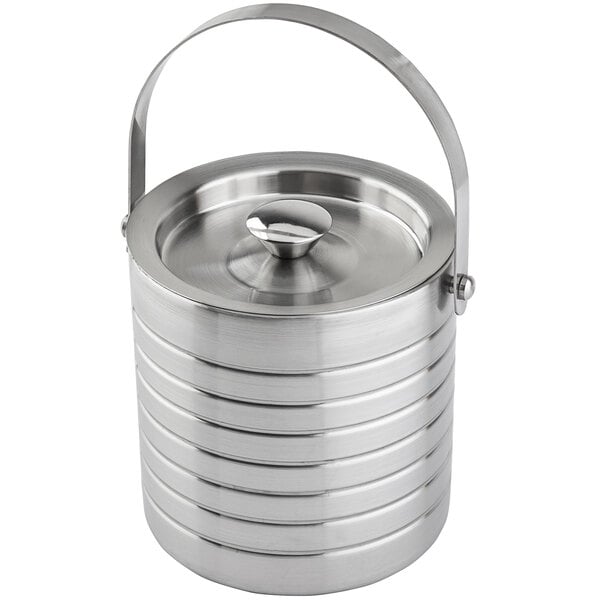 A Tablecraft stainless steel ice bucket with a handle.