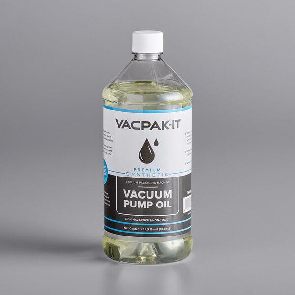 A close up of a VacPak-It Premium Synthetic Vacuum Packaging Machine Pump Oil bottle with a white cap.