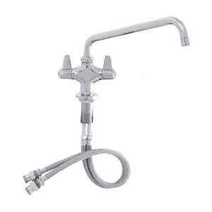 A chrome Equip by T&S deck-mount faucet with flexible inlets and a swing nozzle hose.