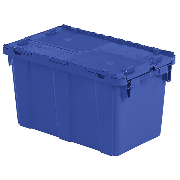 A dark blue Orbis industrial tote box with hinged lid and handles.