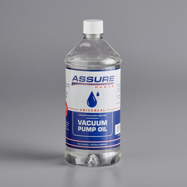 A bottle of Assure vacuum pump oil with a white cap.