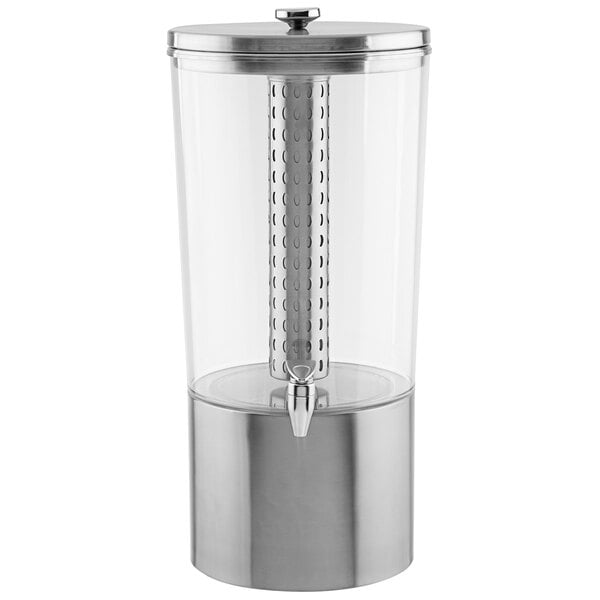 A Tablecraft stainless steel beverage dispenser with a clear Tritan container and silver tube.