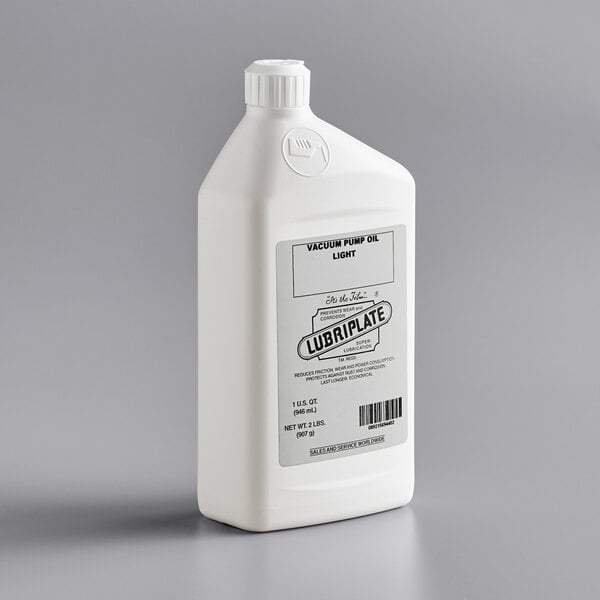 A white bottle of Lubriplate vacuum packaging machine pump oil.