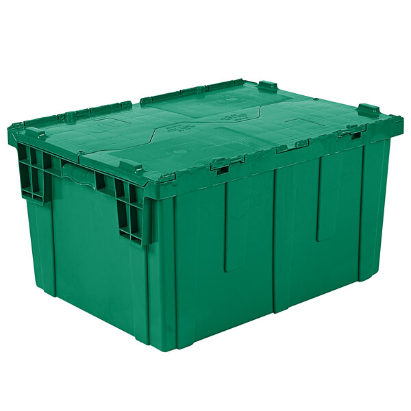 A green Orbis Stack-N-Nest Flipak tote box with hinged lid and handles.