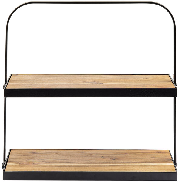 A Tablecraft two tier rectangular acacia wood and metal shelf with black handles.
