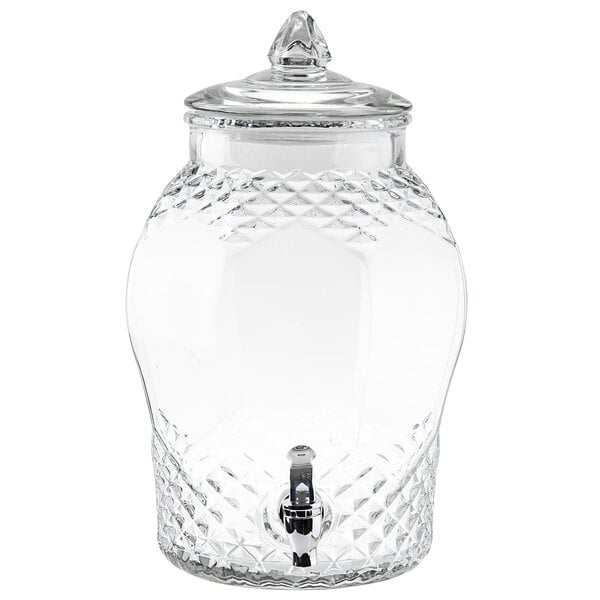 A Tablecraft clear glass jar with a lid and a spigot handle.