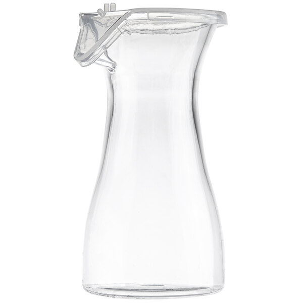 A clear Tablecraft polycarbonate carafe with a white resealable lid.