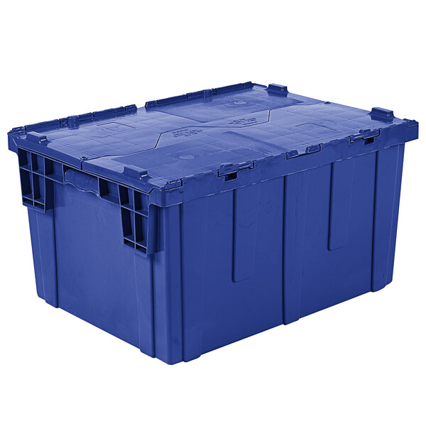 An Orbis dark blue plastic Stack-N-Nest tote box with hinged lid and handles.