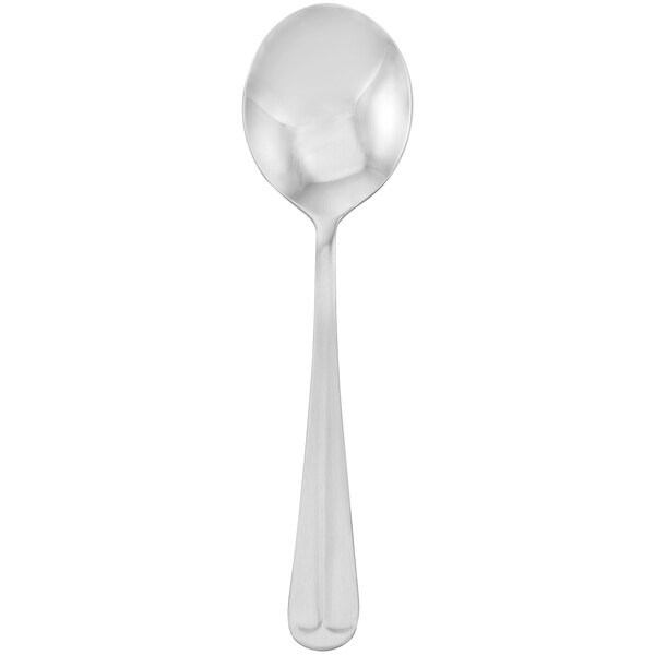A close-up of a silver Walco Royal Bristol bouillon spoon with a white background.