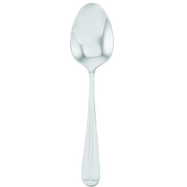 A Walco Royal Bristol stainless steel serving spoon with a white handle.