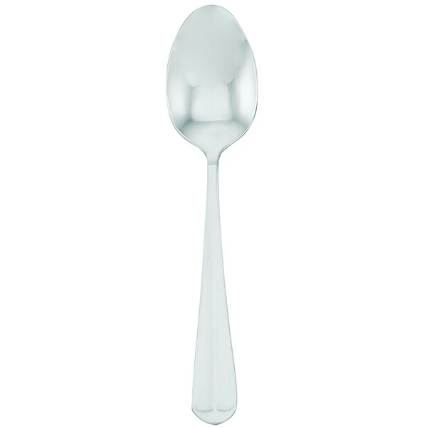 A silver Walco Royal Bristol dessert spoon with a white handle.