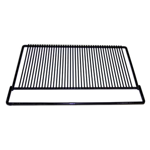 A black metal grill rack with a metal grid.