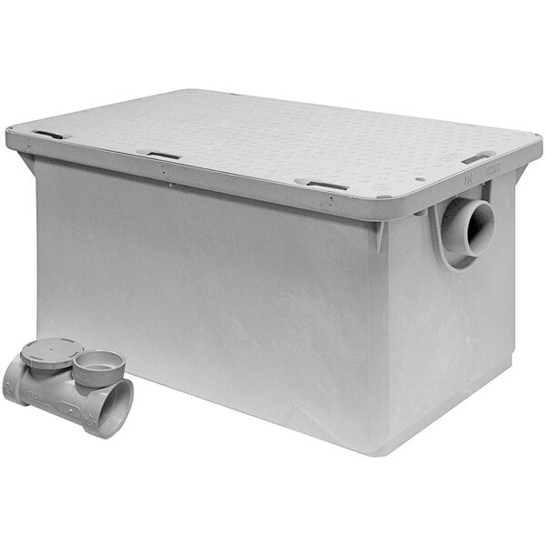 A white plastic Endura grease trap with a lid and two pipes.
