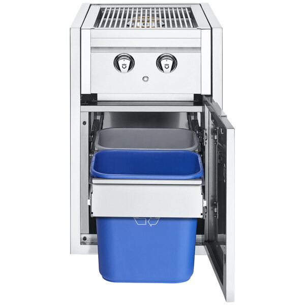 A stainless steel Crown Verity built-in barbecue with dual side burners and a blue trash holder.