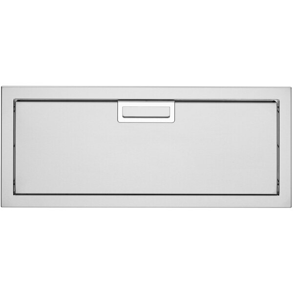 A white rectangular stainless steel drawer with a rectangular handle.