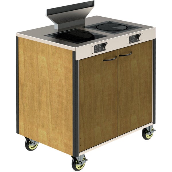 A Spring USA mobile induction cooking cart with two burners on a counter.