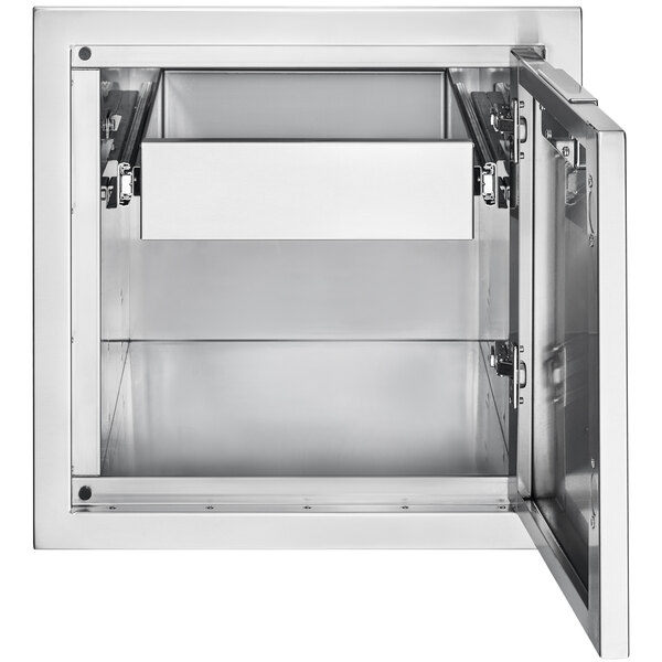 A stainless steel Crown Verity built-in cabinet with a single drawer open.